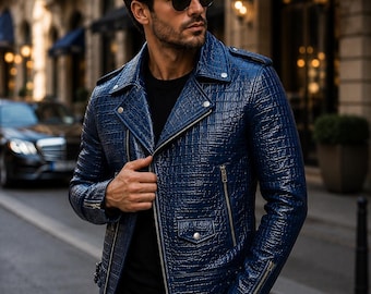 Luxus Herren Navy Blau Kroko Prägung Leder Bikerjacke