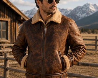 Handgefertigte Western-Lammfelljacke für Herren - Rustikaler brauner Leder-Wintermantel