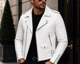 Luxus Herren Bikerjacke mit weißer Krokoprägung