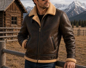Dunkelbraune Lammfell-Lederjacke für Herren - Vintage Western Ranch Wintermantel