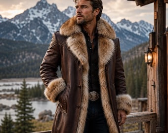 Handgefertigter Luxus Ledermantel für Herren mit Fuchspelz – Cowboy Stil Wintermantel