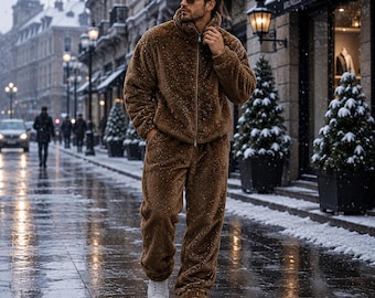 Herren Luxus Braun Kunstpelz Trainingsanzug Set - Warme Winter Jacke & Hose für die Schnee Saison