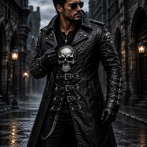 May include: A black leather trench coat featuring a large metallic skull emblem on the chest, multiple silver-toned buckle straps down the front, shoulder epaulets, and skull accents on the shoulders. The coat has a structured collar and long sleeves.