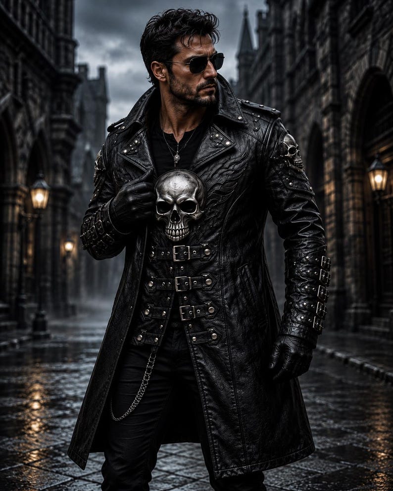 May include: A black leather trench coat featuring a large metallic skull emblem on the chest, multiple silver-toned buckle straps down the front, shoulder epaulets, and skull accents on the shoulders. The coat has a structured collar and long sleeves.
