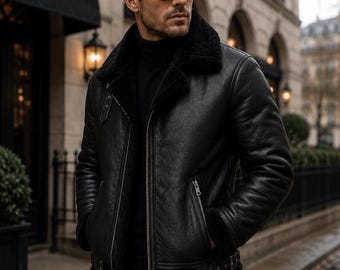 Men's Black Shearling Leather Jacket, Faux Fur Collar Winter Aviator Bomber Coat