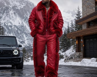 Men's Luxury Red Genuine Leather Fox Fur Jacket & Matching Fur Pants Set | Handmade Designer Winter Outfit