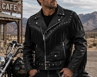 Vintage Herren Rindsleder Fringe Nieten Motorradjacke