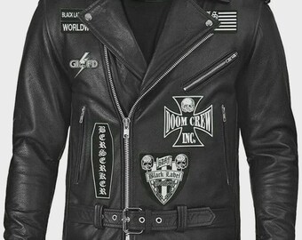 Black Label Society Leather Biker Jacket With Iconic Skull Logo & BLS Patches