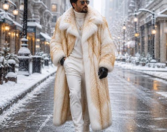 Luxury Men's Ivory Faux Fur Winter Long Coat –  Full-Length Designer Overcoat with Oversized Plush Collar