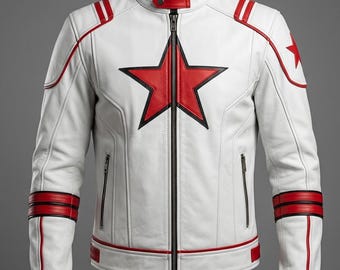 Herren White & Red Star Lederjacke - Slim Fit Motorrad-Modejacke