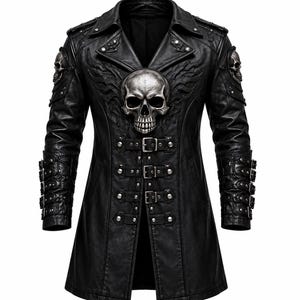 May include: A black leather-look coat featuring a large silver-toned skull emblem on the chest, surrounded by wing-like detailing. The garment includes multiple buckled straps down the front, shoulder epaulets with studs, and skull accents on each shoulder.