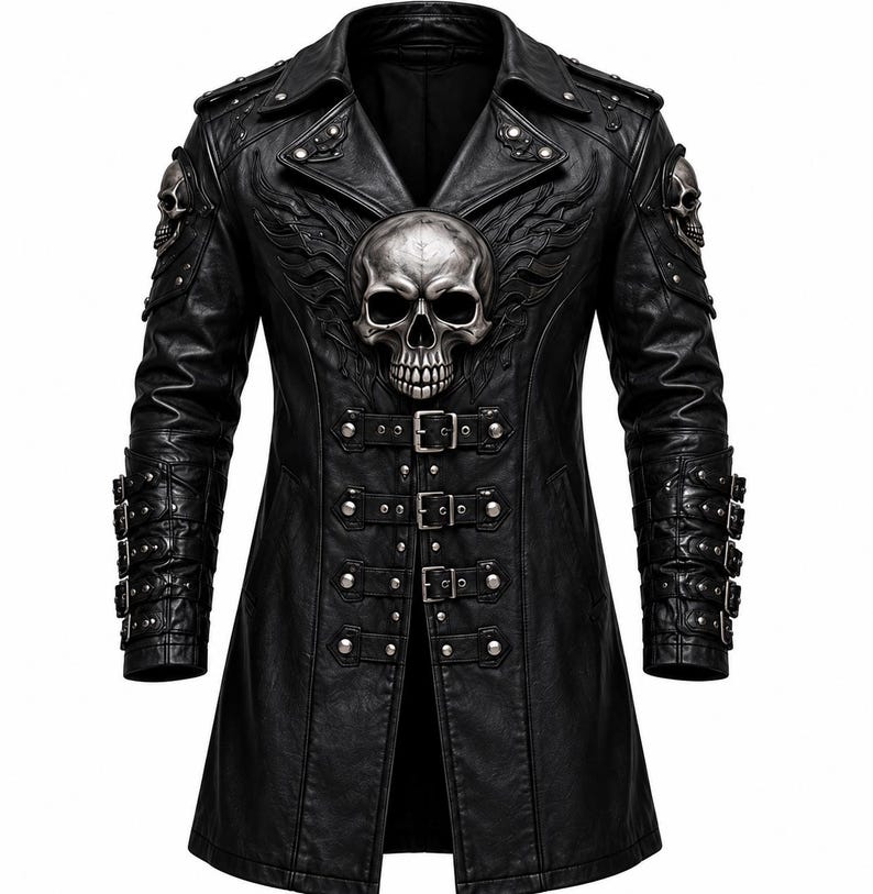 May include: A black leather-look coat featuring a large silver-toned skull emblem on the chest, surrounded by wing-like detailing. The garment includes multiple buckled straps down the front, shoulder epaulets with studs, and skull accents on each shoulder.
