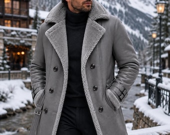 Graue Herrenleder Trenchjacke mit Pelzfutter