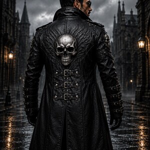 May include: A black leather trench coat featuring a large, metallic, three-dimensional skull emblem centred on the back. The coat includes multiple buckled straps across the waist and sleeves, silver-toned hardware, and a high collar design.