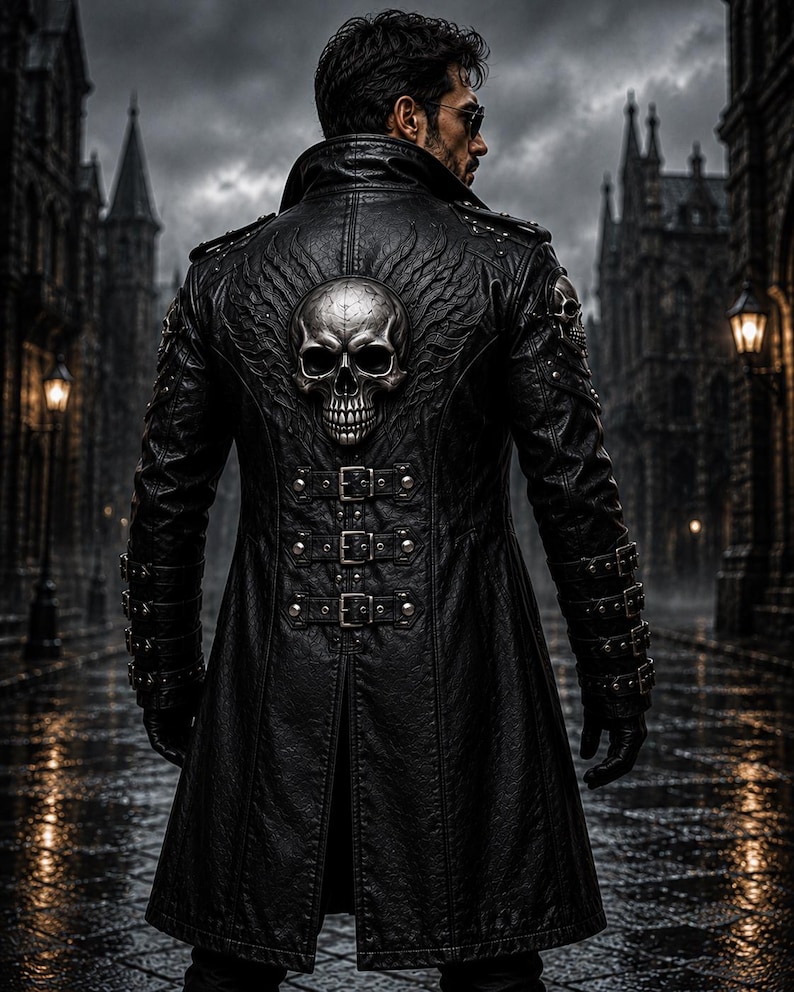 May include: A black leather trench coat featuring a large, metallic, three-dimensional skull emblem centred on the back. The coat includes multiple buckled straps across the waist and sleeves, silver-toned hardware, and a high collar design.
