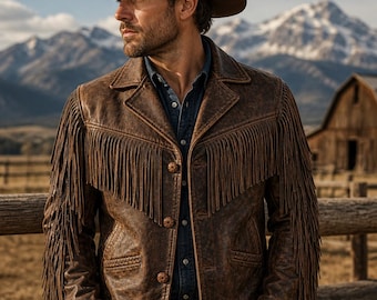 Klassische Vintage Fringe Lederjacke - Western Cowboy handgefertigter Herrenmantel, braune rustikale Jacke