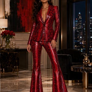 Women's Red Snakeskin Leather Suit Set | Python Print Blazer & Flared Pants | Luxury Fashion Outfit