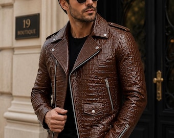 Vintage Brown Kroko geprägte Echtleder Bikerjacke