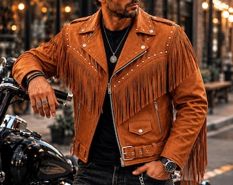 Handgefertigte Bikerjacke aus hellbraunem Westernfransenleder