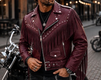 Handgefertigte Bikerjacke aus weinrotem Westernfransenleder