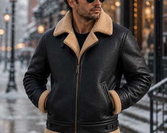 Schwarze Distressed Lederjacke für Herren – Stilvolle Lammfell-Winterbekleidung