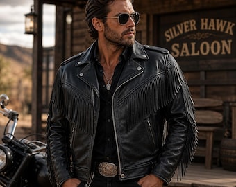 Schwarze Fransen-Lederjacke für Herren - Echtes Rindsleder Western Cowboy Motorrad Bikermantel mit Quasten