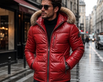 Herren Winter Red Schafleder Steppmantel | Warme Fell Kapuze Jacke