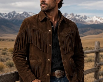 Handgefertigte Herren Schokoladenbraune Wildleder Fringe Jacke - Western Cowboy Biker Mantel