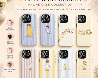 Cartoon Duck Phone Case, Cottagecore Farm Animal Accessory, Retro Stripe Design