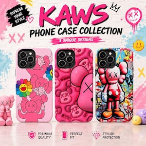K&ouml;nnte beinhalten: Drei Handyh&uuml;llen mit KAWS-inspirierten Charakterdesigns. Die linke H&uuml;lle ist hellrosa mit mehreren Figuren und einer Regenbogenblume. Die mittlere H&uuml;lle ist in strukturiertem Pink mit gepr&auml;gten Gesichtern gehalten. Die rechte H&uuml;lle zeigt einen Graffiti-Hintergrund mit einer zentralen Figur.