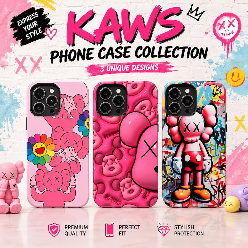 K&ouml;nnte beinhalten: Drei Handyh&uuml;llen mit KAWS-inspirierten Charakterdesigns. Die linke H&uuml;lle ist hellrosa mit mehreren Figuren und einer Regenbogenblume. Die mittlere H&uuml;lle ist in strukturiertem Pink mit gepr&auml;gten Gesichtern gehalten. Die rechte H&uuml;lle zeigt einen Graffiti-Hintergrund mit einer zentralen Figur.
