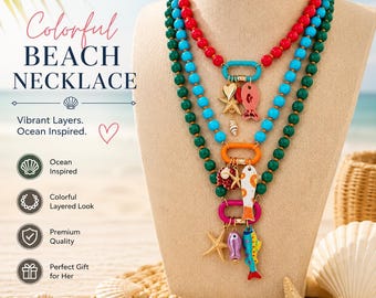 Boho Layered Beach Necklace Set | Colorful Resin Fish Starfish Charms