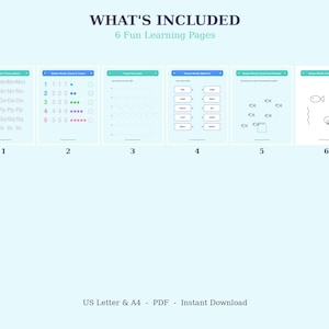 Puede incluir: Seis páginas de aprendizaje educativo tituladas WHAT'S INCLUDED 6 Fun Learning Pages. Las páginas presentan actividades con temática oceánica que incluyen caligrafía de letras, conteo, trazado de líneas, emparejamiento de palabras y ejercicios de colorear, disponibles en formato PDF US Letter y A4.