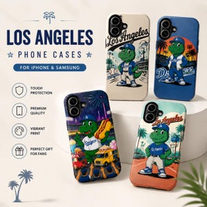 May include: Phone cases with Los Angeles Dodgers designs. The cases feature a green dinosaur mascot in various poses, with the team name and logo. The cases are available for iPhone and Samsung phones.