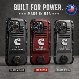 May include: Three smartphone cases in black, red, and silver, each featuring a Cummins 6.7L Turbo Diesel logo, a ribbed upper section, and a circular cap at the bottom. The text reads BUILT FOR POWER, MADE IN USA, BLACK ARMOR, RED POWER, SILVER STEEL.