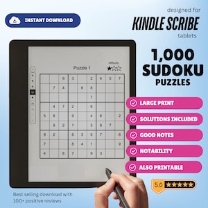 Peut inclure: Une tablette Kindle Scribe affiche un puzzle Sudoku avec le texte "Puzzle 1". L'image promeut 1 000 puzzles Sudoku, avec des fonctionnalités telles que l'impression en grands caractères et les solutions. Le texte "TÉLÉCHARGEMENT INSTANTANÉ" est visible. Une main tient un stylet près de l'écran.