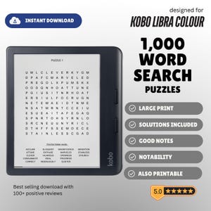 May include: A black Kobo Libra Colour e-reader displaying a word search puzzle on its screen. Text on the right reads: designed for KOBO LIBRA COLOUR, 1,000 WORD SEARCH PUZZLES, LARGE PRINT, SOLUTIONS INCLUDED, GOOD NOTES, NOTABILITY, ALSO PRINTABLE.