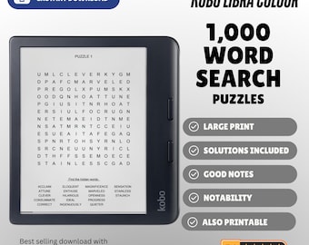 May include: A black Kobo Libra Colour e-reader displaying a word search puzzle on its screen. Text on the right reads: designed for KOBO LIBRA COLOUR, 1,000 WORD SEARCH PUZZLES, LARGE PRINT, SOLUTIONS INCLUDED, GOOD NOTES, NOTABILITY, ALSO PRINTABLE.