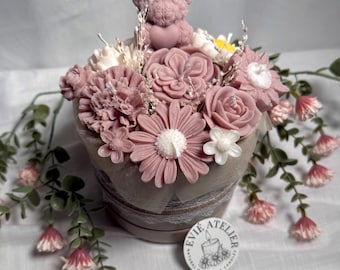 Bukiet brązowych świec kwiatowych | Ręcznie robiony wosk sojowy w ceramicznym naczyniu | Zapach piwonii | Neutralny wystrój domu