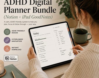 ADHD Digital Planner Bundle | Notion, iPad GoodNotes, Undated, Minimal Light-Dark Mode |