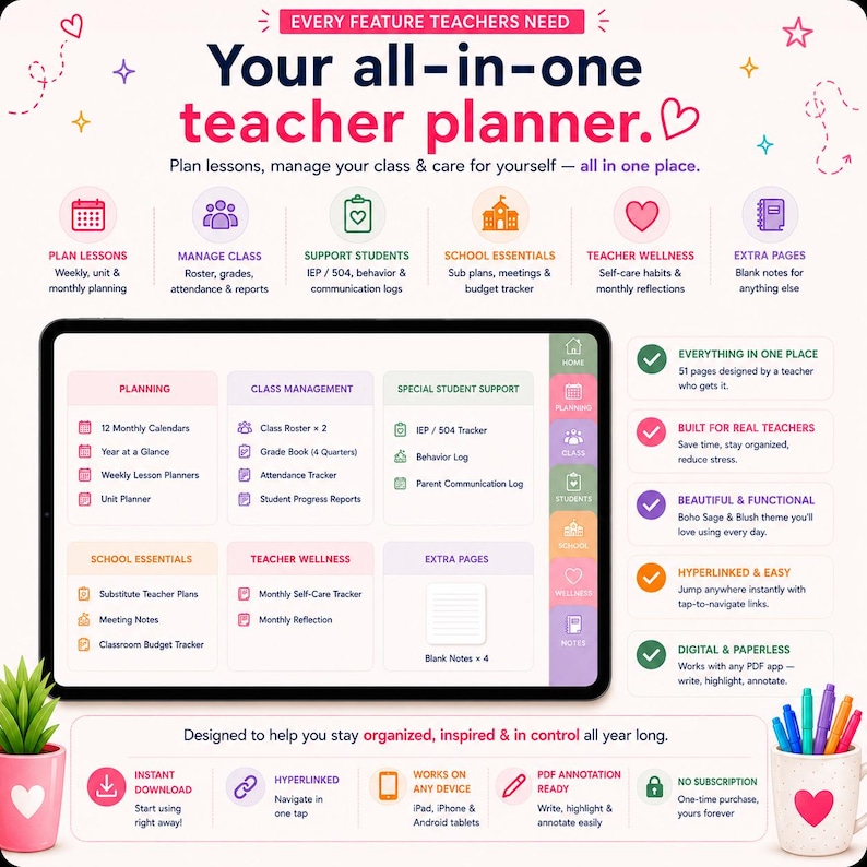 Digital Teacher Planner iPad GoodNotes Notability | IEP Tracker Classroom Organizer | Blush & Lilac Colors image 6