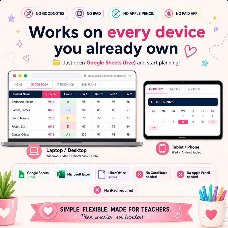 Digital teacher planner works on every device - open Google Sheets free on laptop, tablet or Chromebook