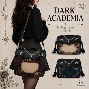Puede incluir: Bolso Ita negro con un inserto decorativo con un diseño celestial y botánico. El bolso tiene una cadena plateada y un dije de estrella. El texto "DARK ACADEMIA" se muestra encima del bolso, con las palabras "Ita bag insert printable" debajo.