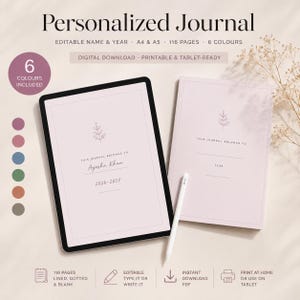 May include: A digital personalized journal template featuring a tablet displaying a light pink cover with a leaf icon, the text "This journal belongs to Ayesha Khan" and "2026-2027," alongside a physical printed version and a white stylus pen.