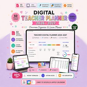Op de afbeelding: Een digitale lerarenplanner voor 2026-2027 weergegeven op een tablet en smartphone. De interface toont een weekschema, cijferlijst en takenlijst. Bevat 51 pagina's, 50 covers en 2000+ stickers. Compatibel met iPad, GoodNotes en Notability.