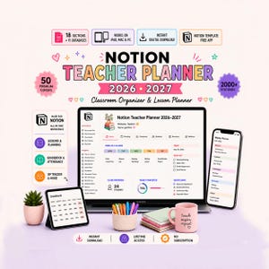 Peut inclure: Un planificateur numérique Notion Teacher Planner 2026-2027 affiché sur un ordinateur portable, une tablette et un smartphone. L'interface comprend des sections pour la planification des cours, les notes et l'assiduité, avec des icônes et un mug rose.