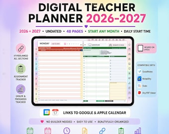 Digital Teacher Planner 2026-2027 | GoodNotes iPad Lesson Planner, Assignment Tracker, Grade Tracker | Attendance Tracker | Student Roster