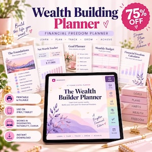 May include: A digital Wealth Builder Planner displayed on a tablet screen, featuring sections for financial tracking, budgeting, and goal setting. The interface includes tabs for learning, planning, tracking, investing, and reviewing, with a soft purple and pink color palette.