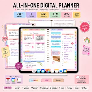 Puede incluir: Una agenda digital todo en uno mostrada en la pantalla de una tableta, con un horario diario, listas de tareas y rastreadores de bienestar. La interfaz incluye pestañas coloridas, iconos y etiquetas de texto para la organización, con un lápiz óptico.