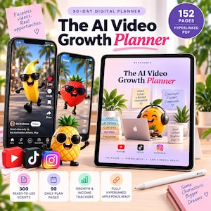 Könnte beinhalten: Der AI Video Growth Planner ist ein 152-seitiger, verlinkter digitaler Planer auf einem Tablet-Bildschirm. Er zeigt Comic-Fruchtfiguren, Social-Media-Symbole und Textdetails zu 300 gebrauchsfertigen Skripten, 90 Tagesplanseiten und verschiedenen Trackern.